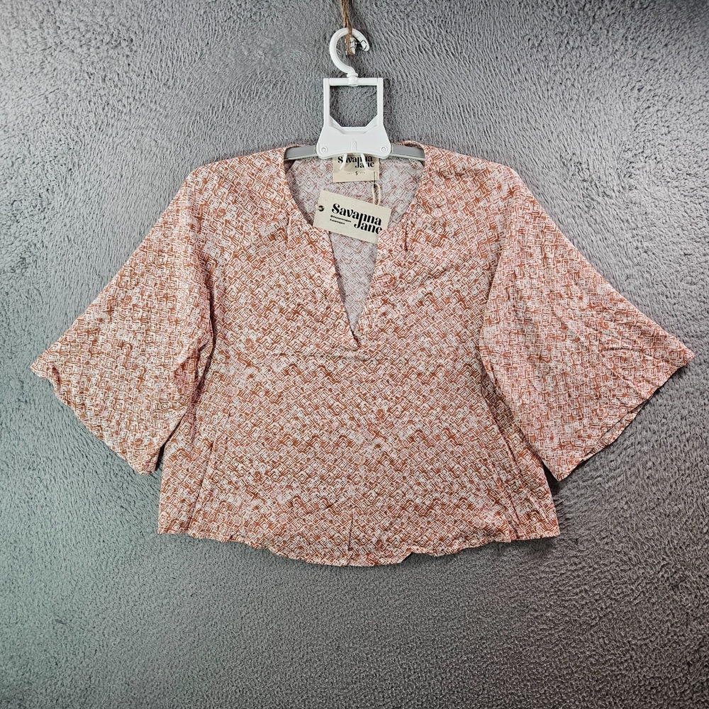 NEW Savanna Jane‎ Top Blouse Women Small Geometric Print V-Neck Comfy